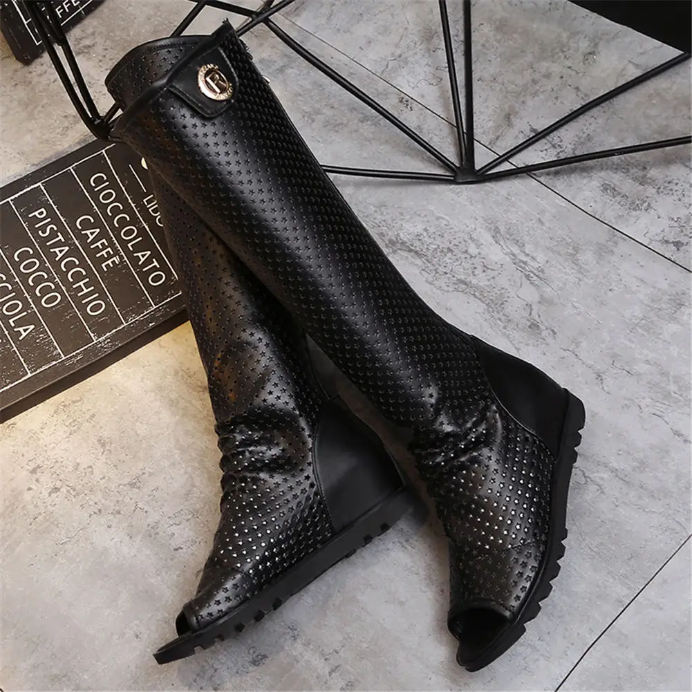 Fashion hollow gladiator Peep toe knee high Boots Woman leisure height increasing summer Boots Woman women shoes