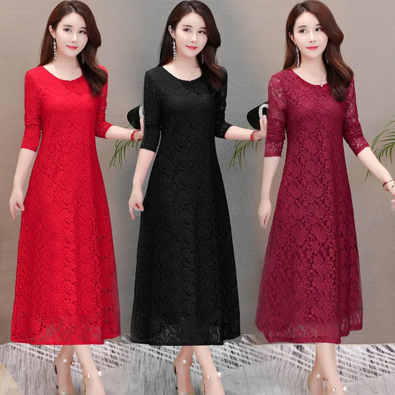 Женское кружевное платье с длинным рукавом осеннее большого размера круглым