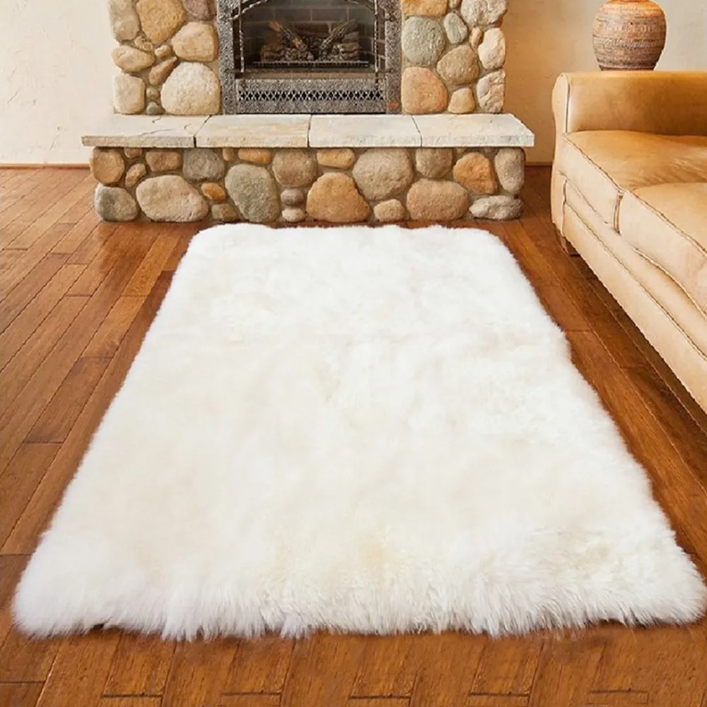 

White Luxury Rectangle Sheepskin Hairy Carpet Faux Mat Seat Pad Fur Plain Fluffy Soft Area Rug Tapetes
