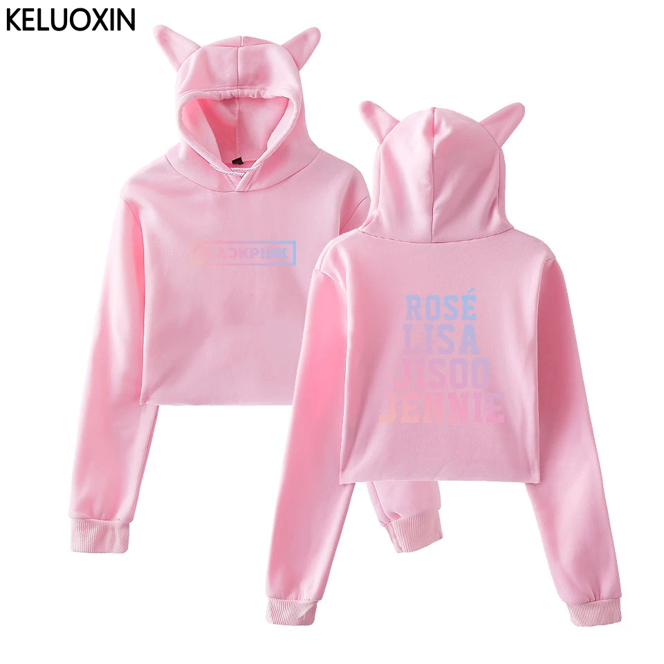 KELUOXIN Kpop Blackpink Kawaii толстовка с кошачьими ушками Женская команда с именами членов группы толстовки с принтом Blackpink вентиляторы сексуальный пупок кроп Топы