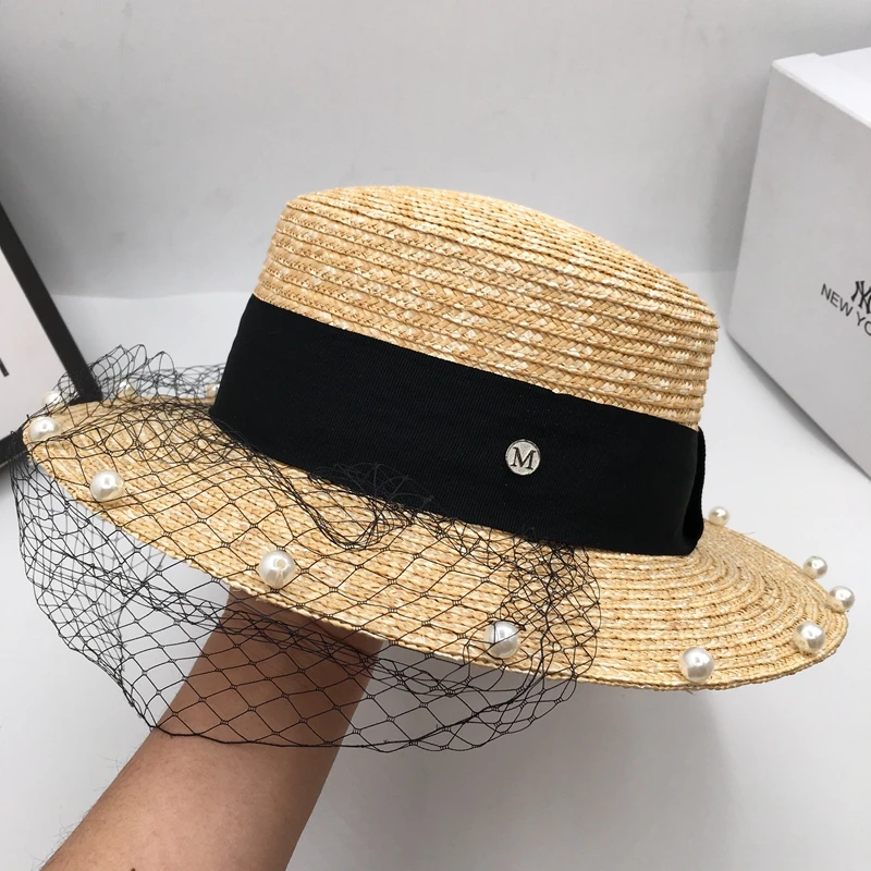 Spring summer new net yarn pearl beach sunscreen during large flat straw brim hat letters bonnet sun | Аксессуары для одежды