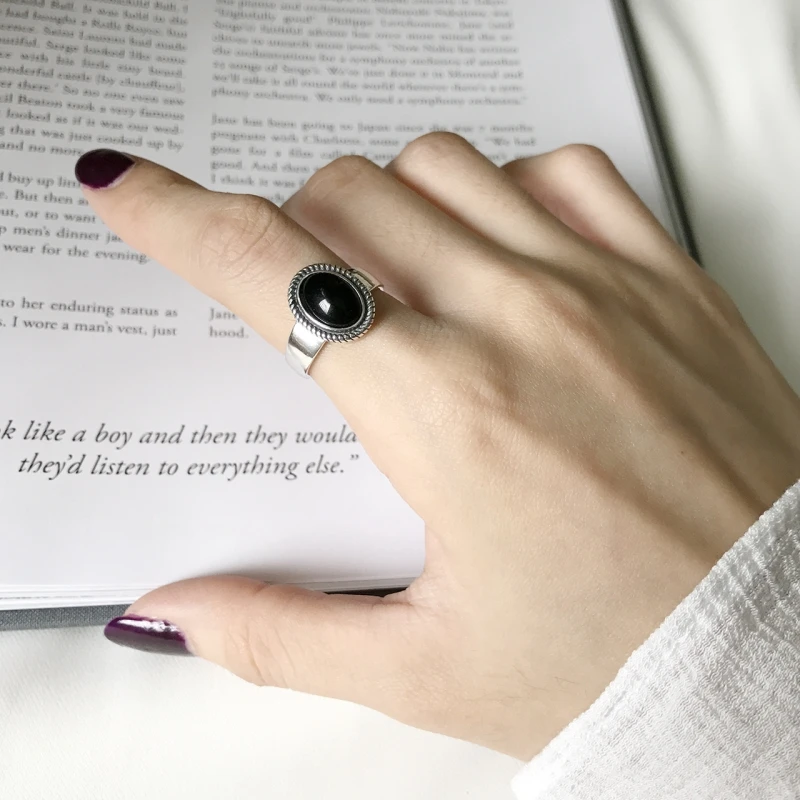 925 Sterling Silver Oval Black Agate Cabochon Twisted Charm Vintage Open Ring For Women And Girls Party Gifts Stone Jewelry | Украшения и