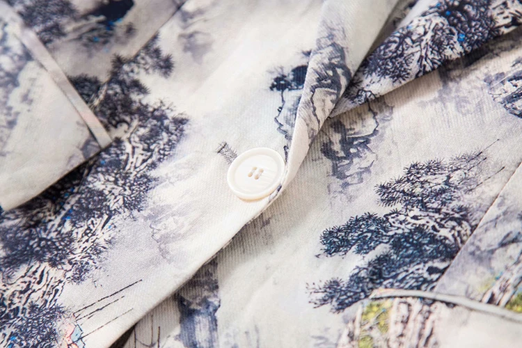 SEQINYY Short Jacket Summer Spring New Fashion Design 3/4 Sleeve Ink Forest Printed Thin Casual Women Linen Blazer