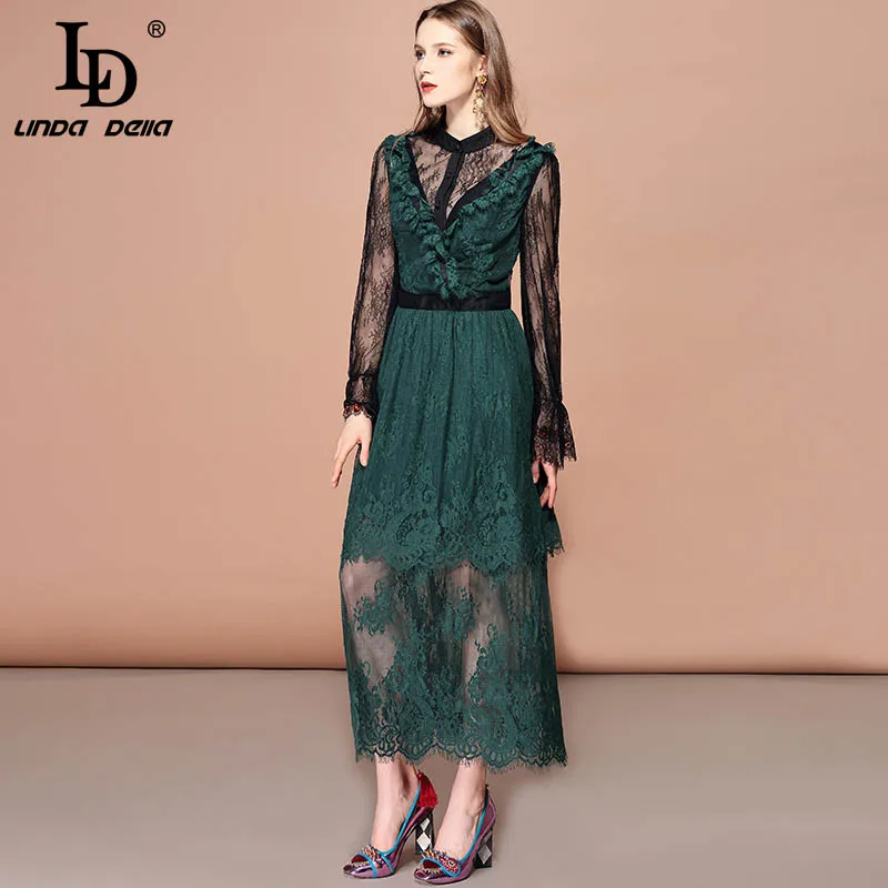 Многоцветный LD LINDA Делла, весенние, модные, вечерние, элегантные платья, женские, с длинным рукавом, в винтажном стиле, с оборками, с цветочным кружевом, в стиле пэчворк, миди, длинное платье - Цвет: Многоцветный