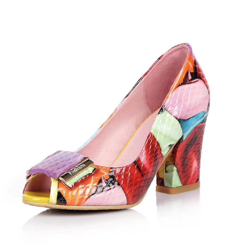 WETKISS Thick High Heeled Women Pumps Buckle Peep Toe Shoes Shallow Printing Footwear New Fashion Party Female Shoes - Цвет: Многоцветный