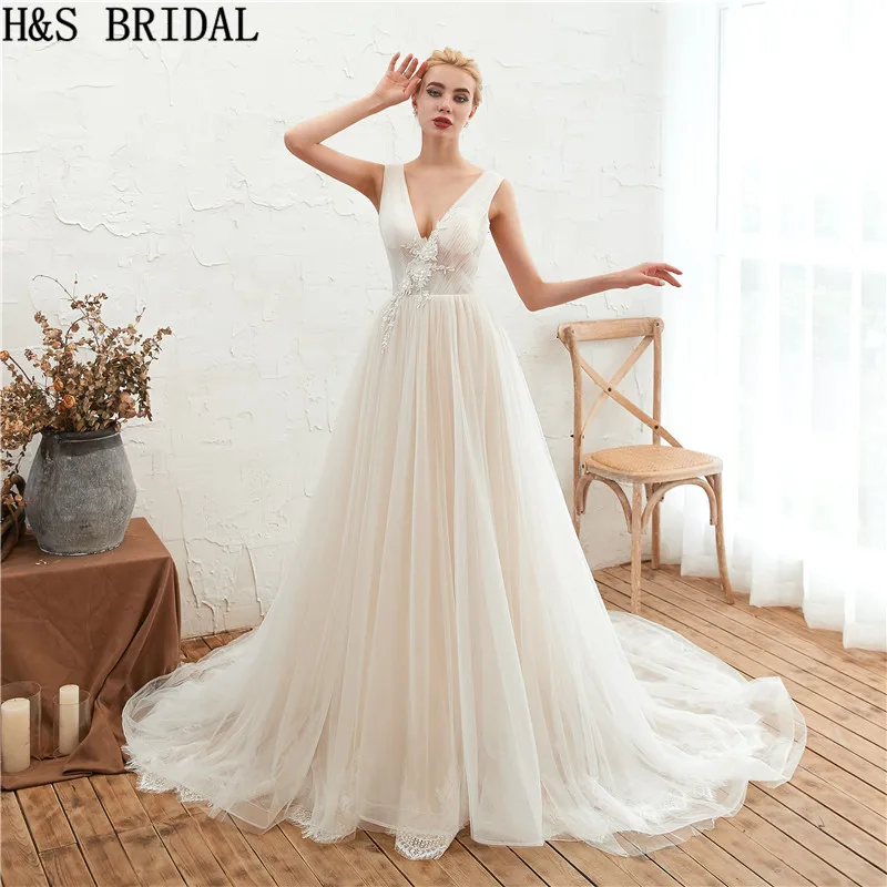 H&S BRIDAL V Neck boho wedding dress Lace Applique Wedding Gowns 2019 Beach Dress Backless Bridal vestido de noiva | Свадьбы и