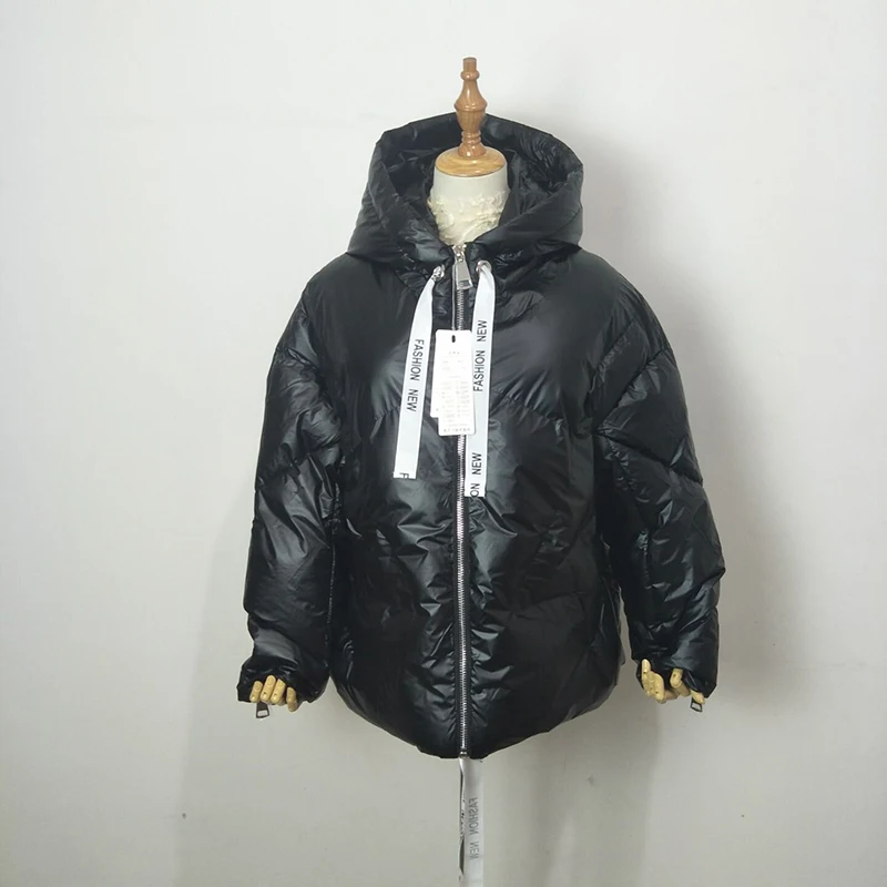 Женская Блестящая парка на пуху с капюшоном зимняя теплая большого размера