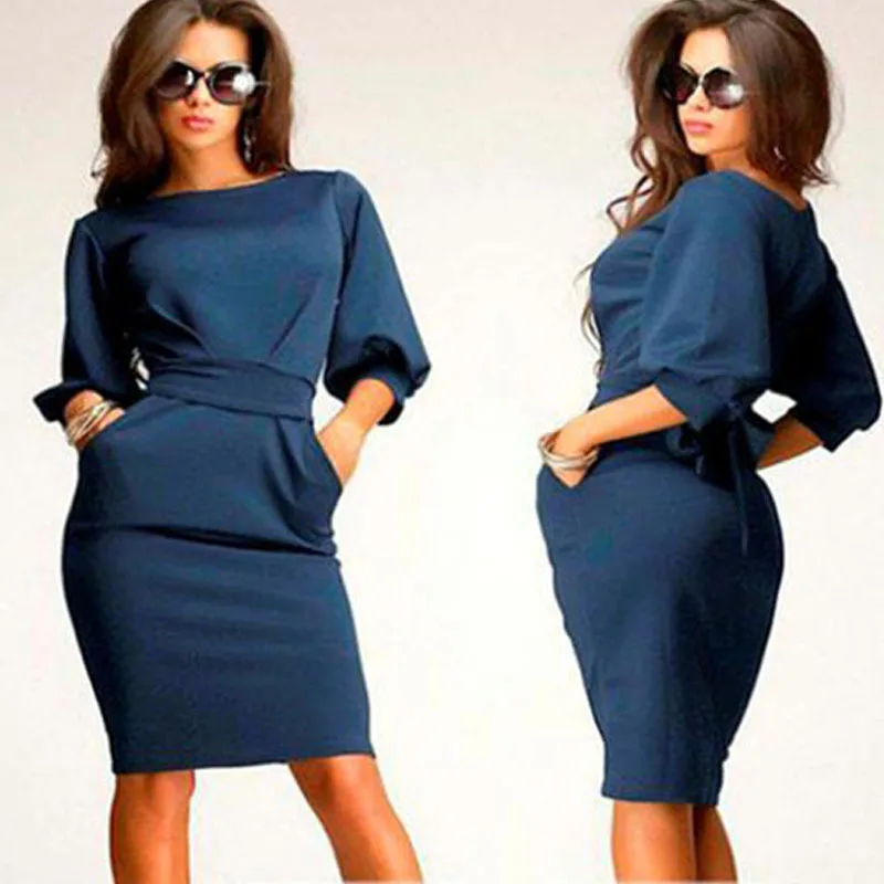Новое платье Vestidos с О образным вырезом и поясом длиной до колена Женская рабочая
