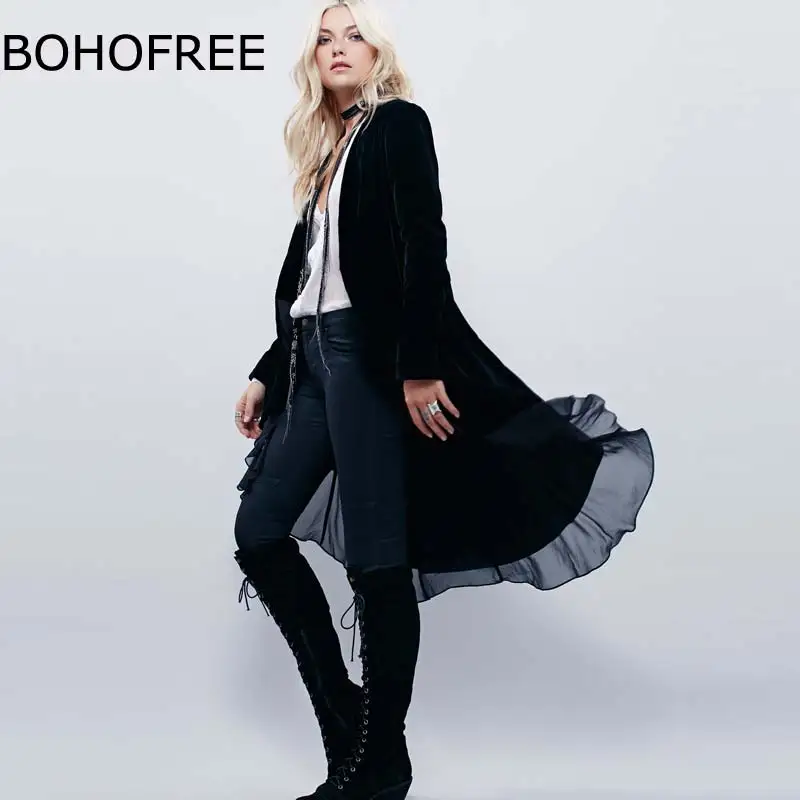 BOHOFREE 2018 открытый стежок длинный вельветовый жакет верхняя одежда оборки шифон