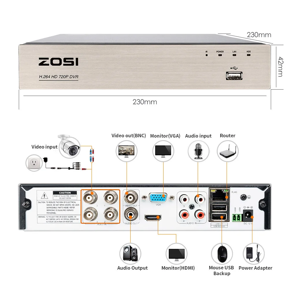 ZOSI домашние системы безопасности 4CH HD-TVI 1080N DVR 4 шт. 1280TVL 720 P Ночного Видения Наружного Наблюдения Водонепроницаемый Камера комплекты