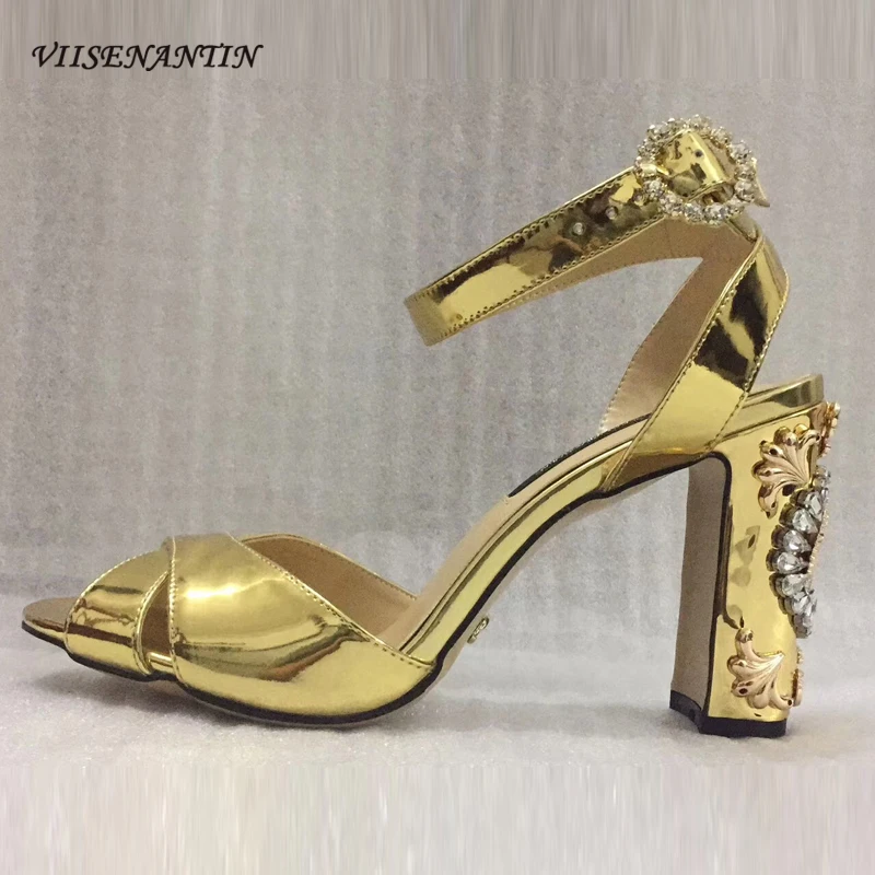 

VIISENANTIN 2019 new gold genuine leather lady summer sandal shoe patent leather ankle buckle strap rhinestone squared heel shoe