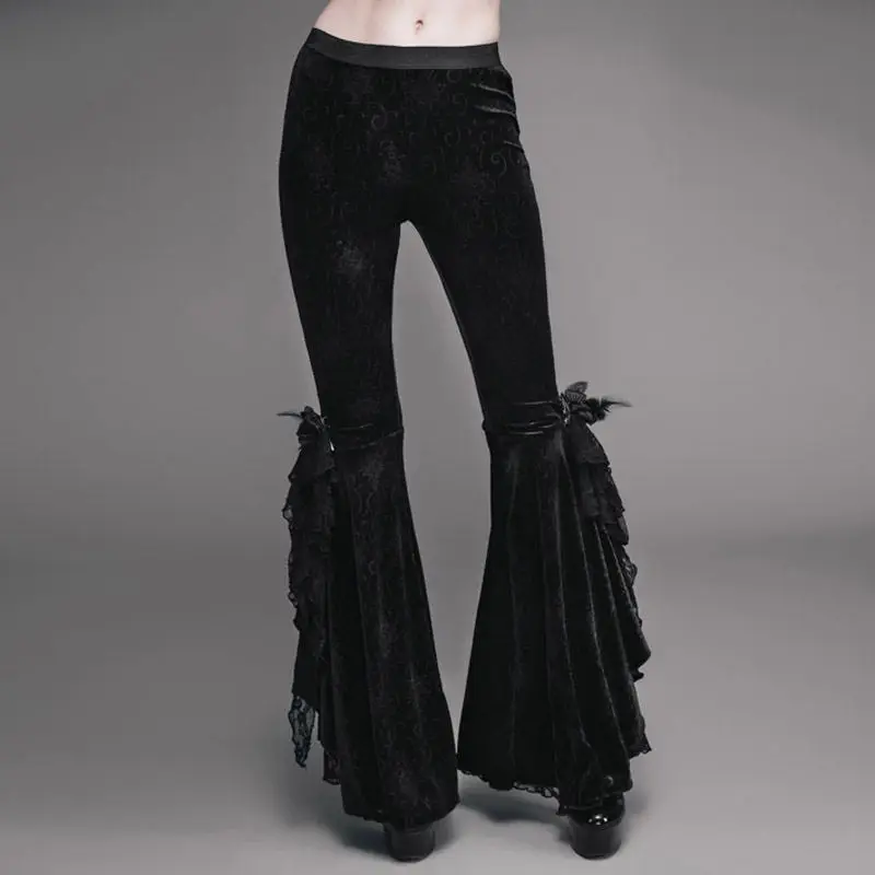 New Devil Fashion Gothic Dark Embroidery Velour Skinny Pants Steampunk Nobility Women Long Trousers with Rose Lace Decorated