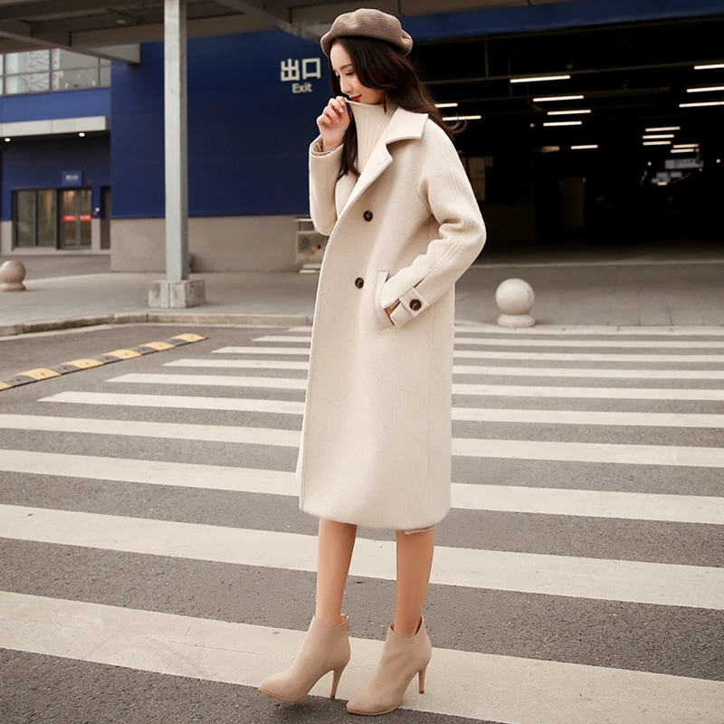 

Women's Autumn Winter Medium Long Woolen Coats Outerwear Female Fashion Loose Double Breasted Elegant Wool Jackets Overcoat E10