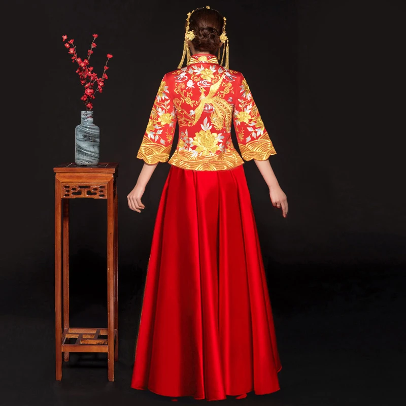Женское платье Ципао красное классическое с цветочной вышивкой китайский