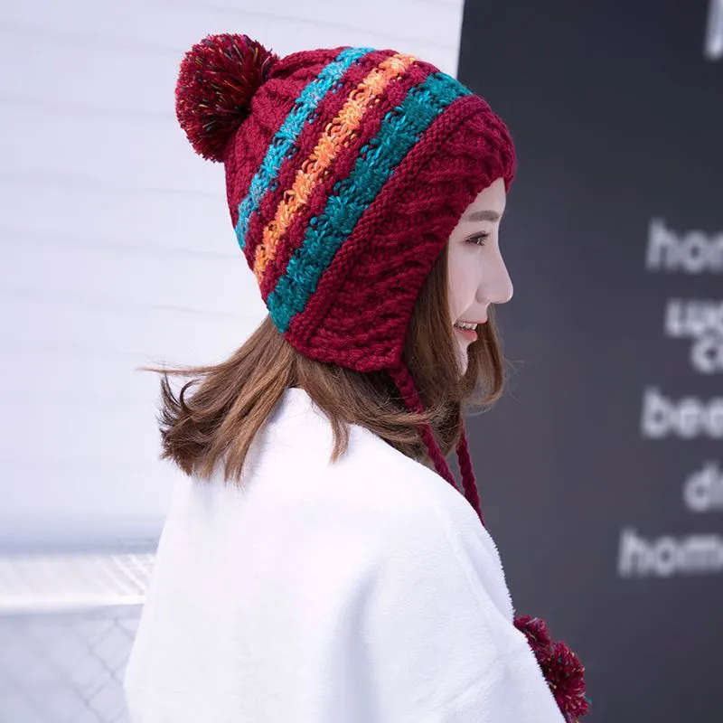 Шапка бини шерстяная Кепки s для Для женщин Earflap теплые Шапки Pom Зима крючком