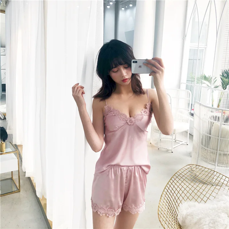 pink Daeyard Женские Пижамы новые летние пижамы шелковые Cami и шорты 2 шт пижамный комплект Modis Пижама с вышивкой Сексуальная кружевная домашняя одежда - Цвет: pink