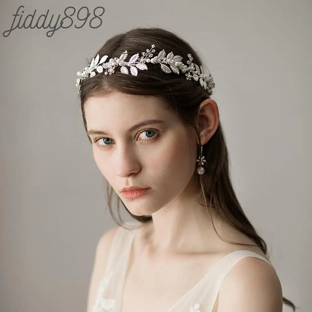 

Fashion Silver Leaves Pearls Wedding Bride Headband Women Prom Bridal Hair Accessories Handmade Head Piece for Wedding