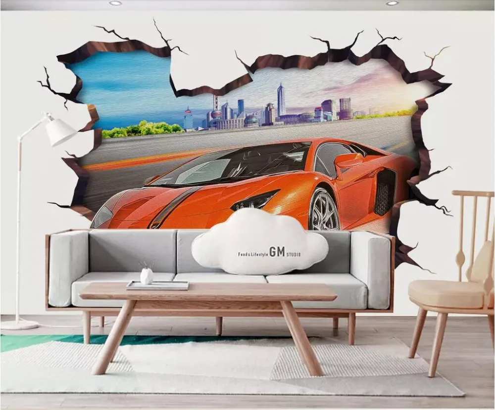 3d фото обои на заказ настенная живопись спортивный автомобиль через стену