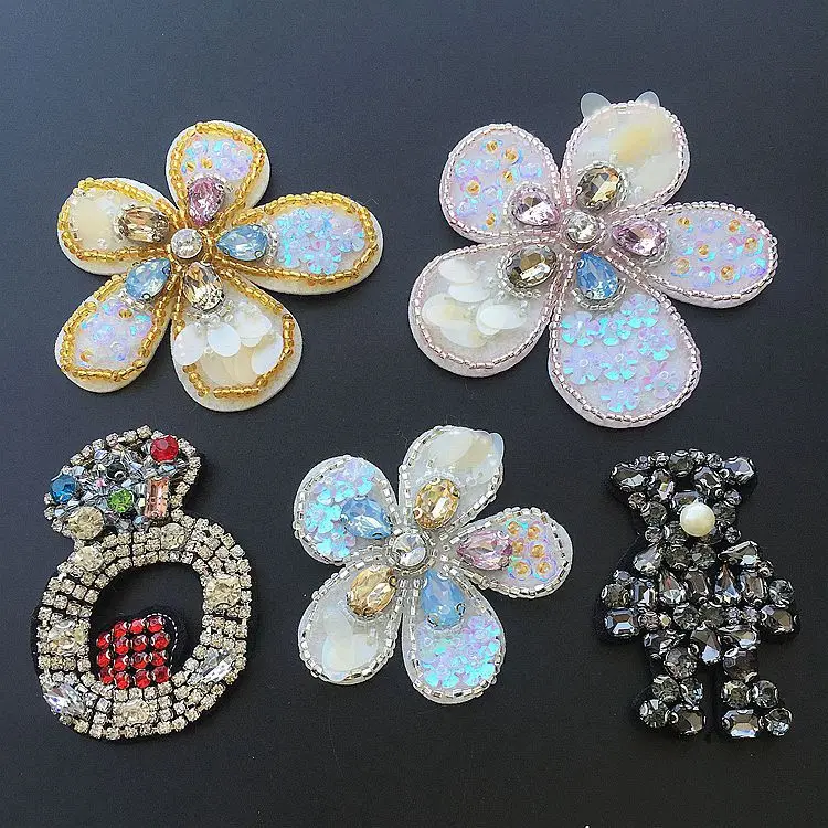 Цветы ручной работы с бусинами аппликация 3D Медведь шить на rhinestone патчи высокого