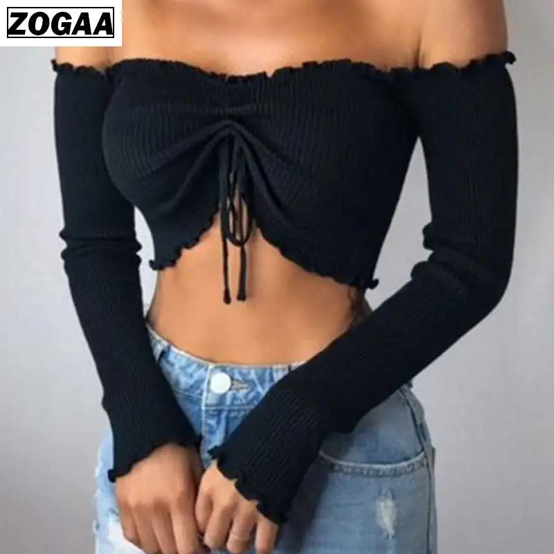 Женский укороченный топ ZOGAA черный красный топ-бюстье с открытыми плечами из