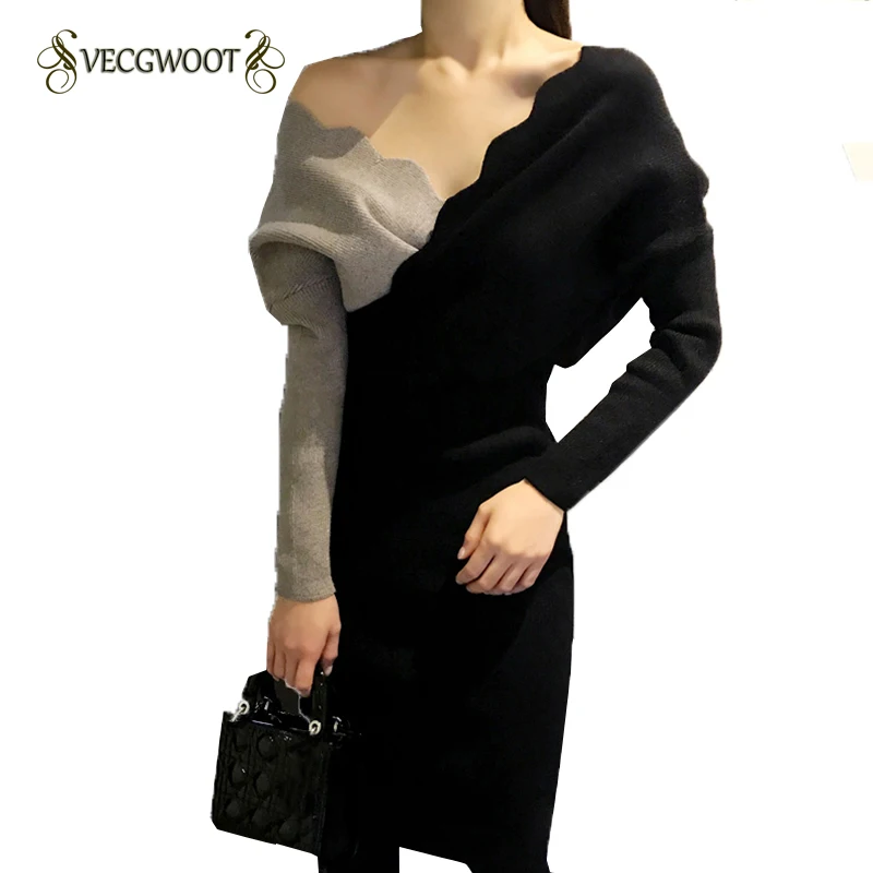 Knitted Dress Women Autumn Winter 2019 New Korean Long Sexy V-neck sweater women's long-sleeved bag hip bottoms WYT563 | Женская