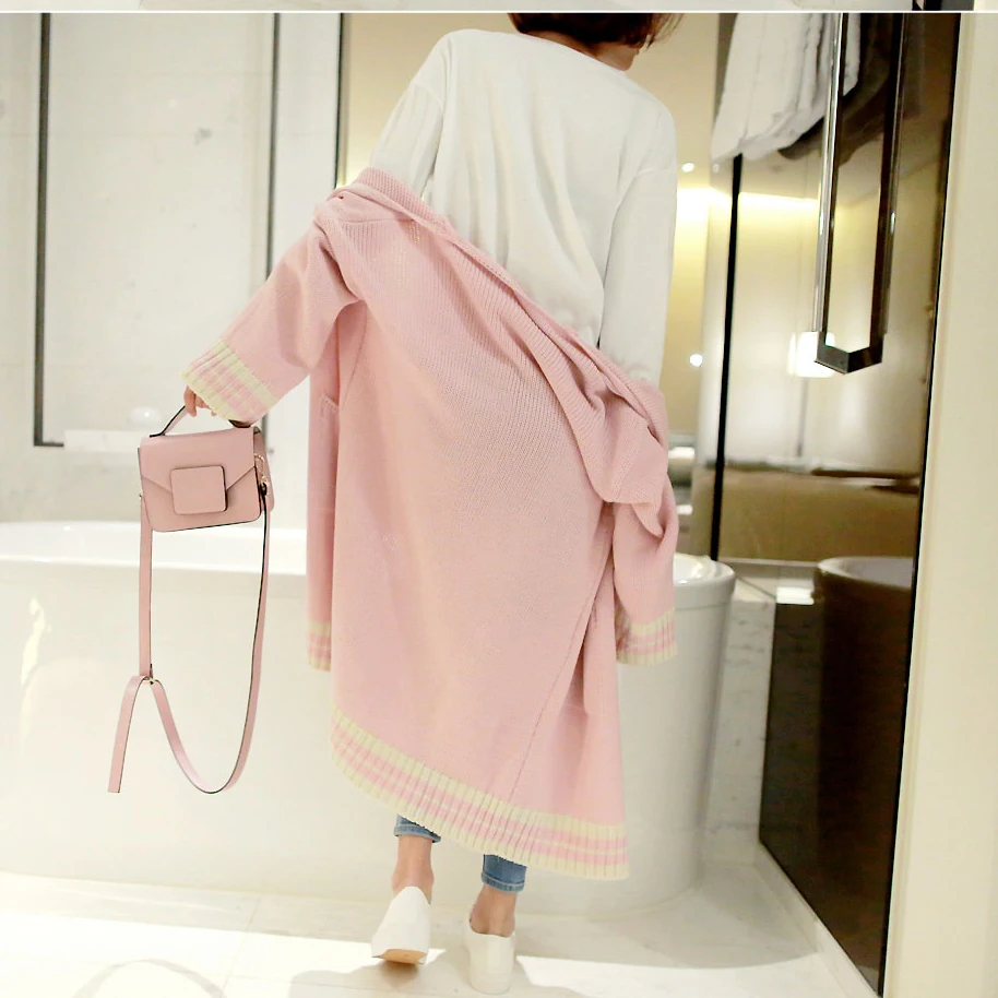 Autumn Winter Women Sweater 2018 New Korean Style Oversized Long Cardigan With Ribbed Striped Solid Pink Navy Blue Female Jacket |