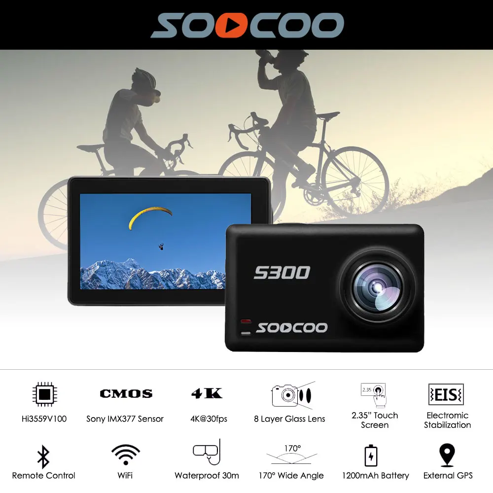 SOOCOO S300 4K 30fps 1080P 120fps Экшн-камера 2,35 дюймов сенсорный экран Bluetooth пульт дистанционного управления Водонепроницаемая Wifi спортивная видеокамера