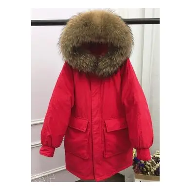 red coat brown fur Огромный воротник из натурального меха енота, зимняя куртка для женщин, плотное теплое женское Свободное пальто, высокое качество, белый пуховик, парка - Цвет: red coat brown fur