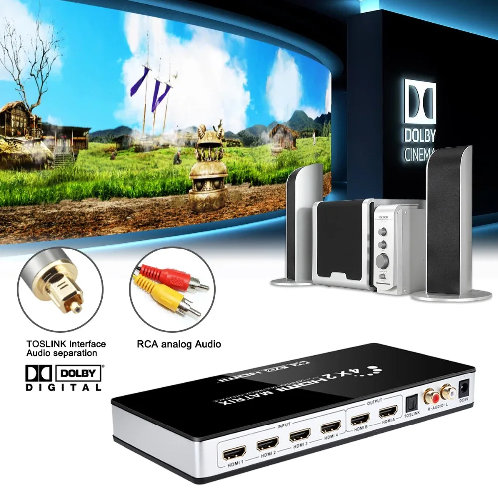 Iseebiz 4 К к HDMI матрица 4X2 Переключатель Splitter Поддержка toslink аудио + L/R экстрактор с ИК