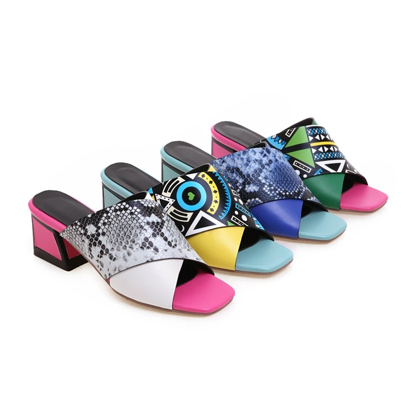 ?? 奪う猫女性ハイヒールスリッパファッションプリント Sildes パーティー結婚式の靴女性 PU 革の夏のサンダル