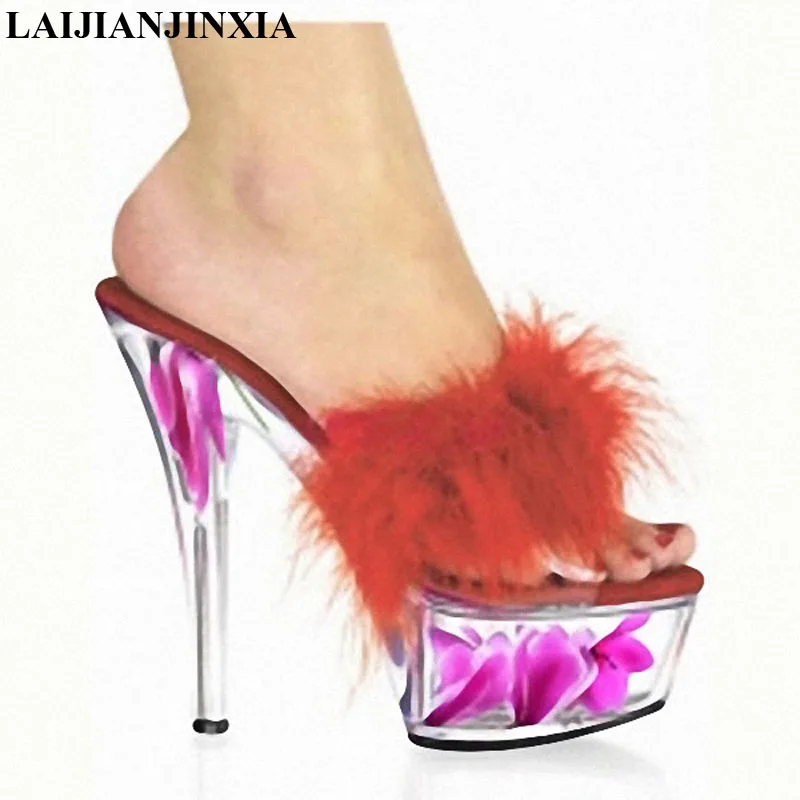 

LAIJIANJINXIA Sexy Crystal 15CM Sexy Feather Design Super Slippers Platforms heels lady 6 inch high heel Slides Shoes H-005