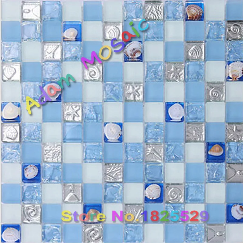 Синий Белый морские раковины плитки Squared Стекло Внутренняя Раковины Плитка
