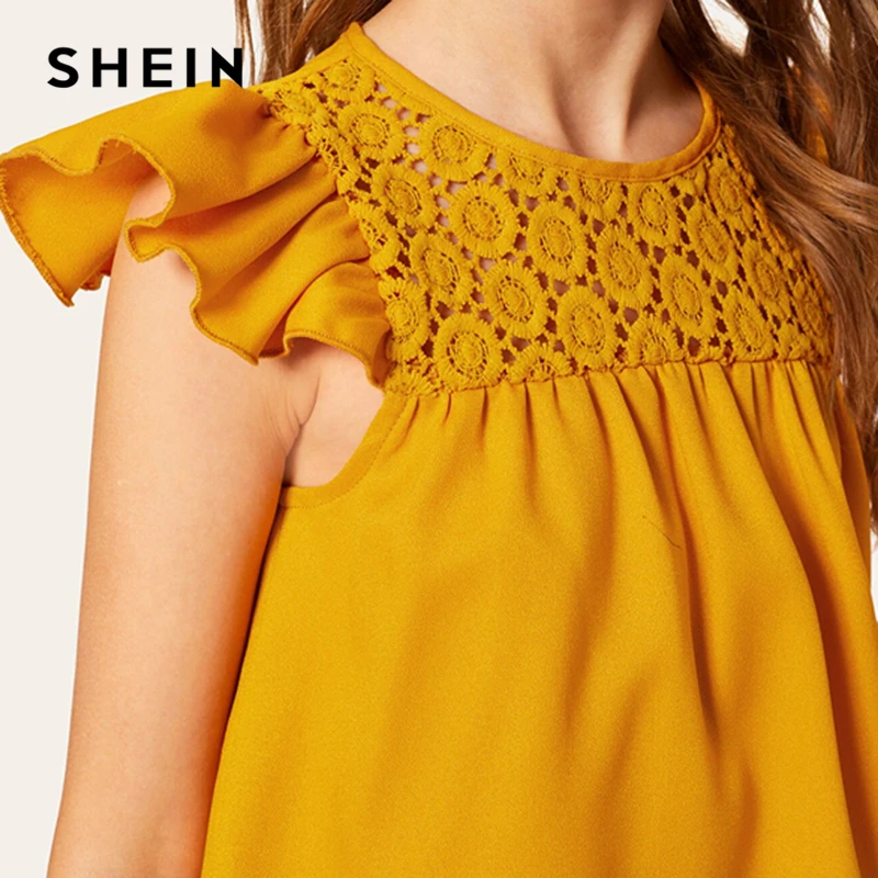 SHEIN/Милая однотонная блузка с кружевными вставками и рюшами на пройме для подростков; коллекция года; сезон лето; детская блузка на пуговицах с рукавом-бабочкой