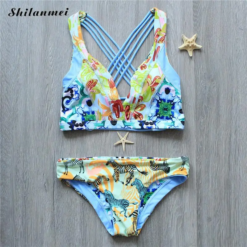 Горячая Распродажа Бесплатная доставка полиэстер бикини с принтом дрожь синий