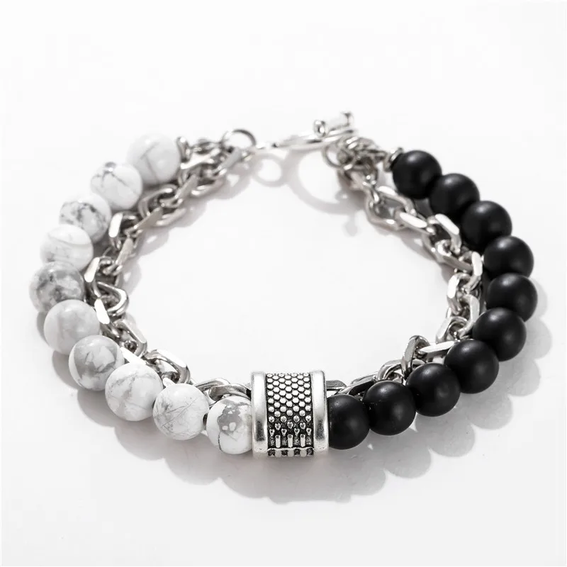 

Natural 8mm Map Tiger Eye Howlite Stone Men's Beaded Bracelet Metal Chain Link Bracelets Bangle For Men Women Male Jewelry