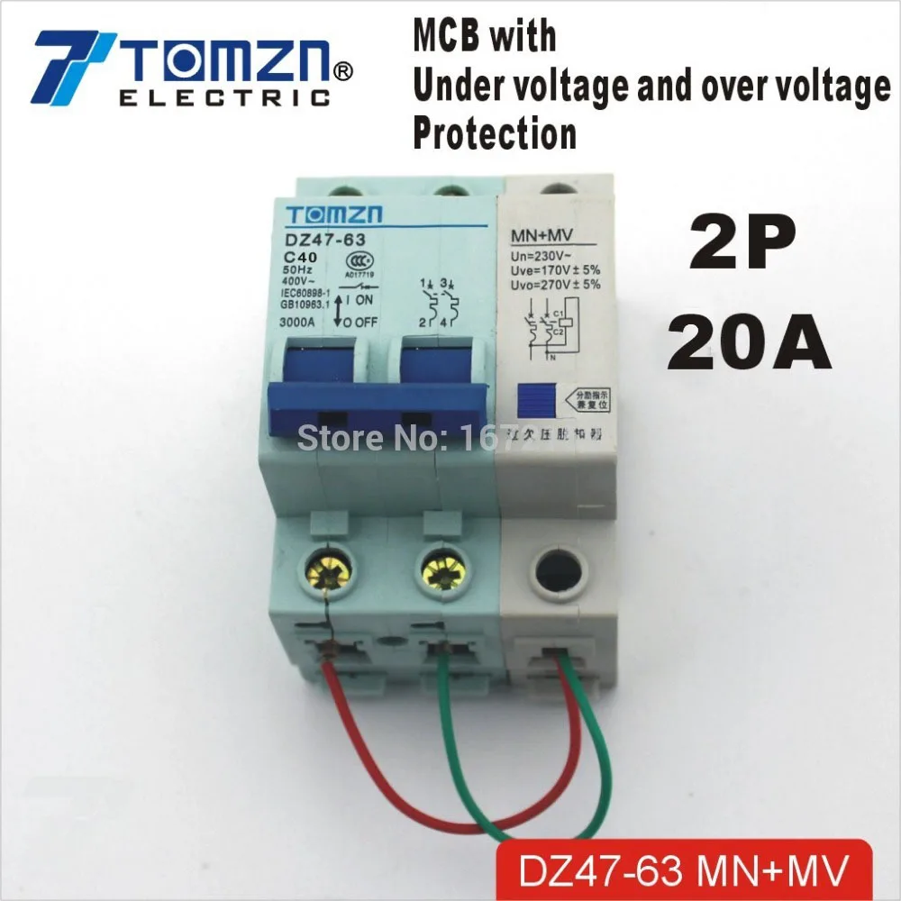 

2P 20A 400V~ 50HZ/60HZ MCB with over voltage and under voltage protection Mini Circuit breaker