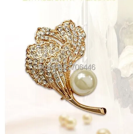 Золотистая брошь в форме листьев пихты со стразами и кристаллами с жемчугом|leaf