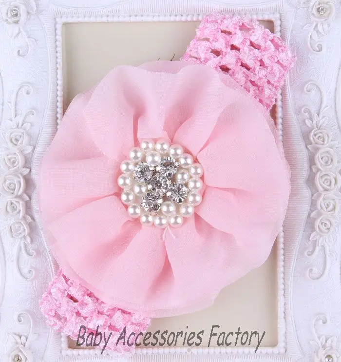 (2 шт./лот) Детские вязаные крючком шифоновые цветочные повязки с жемчужными