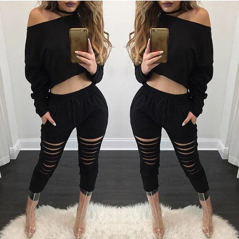 Твердые рваные 2 комплект из двух предметов топ и брюки для девочек женщин Кофты