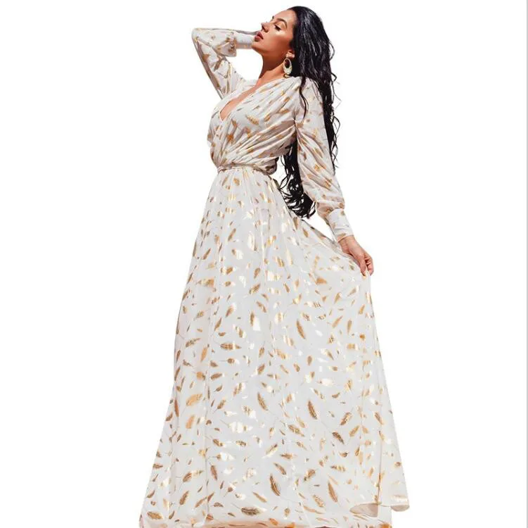 JOYIN вечерние с принтом золотых перьев длинным рукавом разрезом Роба сексуальное