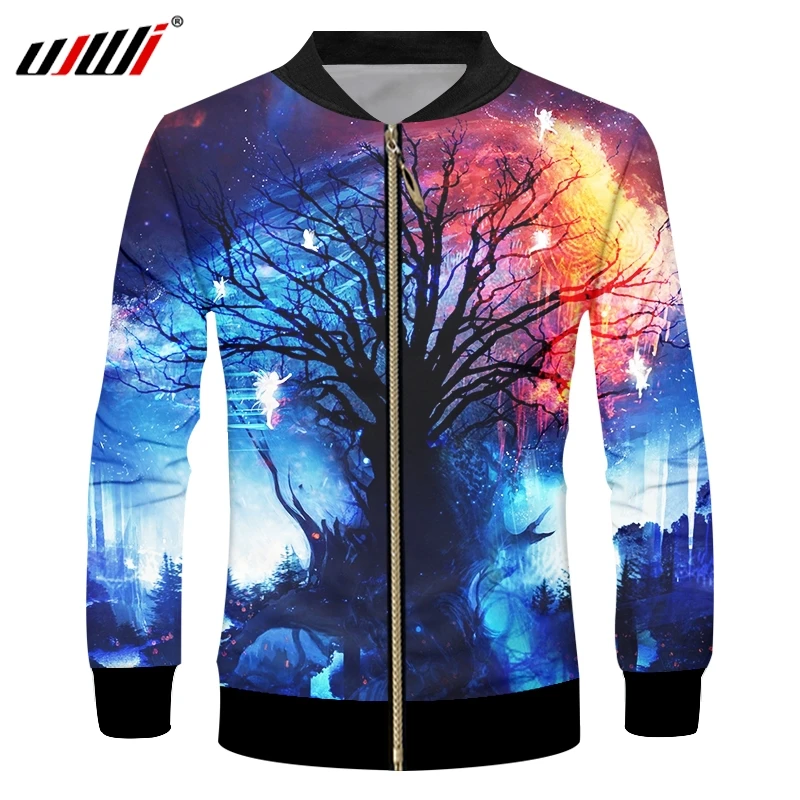 

Мужская повседневная куртка на молнии UJWI, разноцветная летняя куртка с длинным рукавом и 3D-принтом звездного дерева, 2019