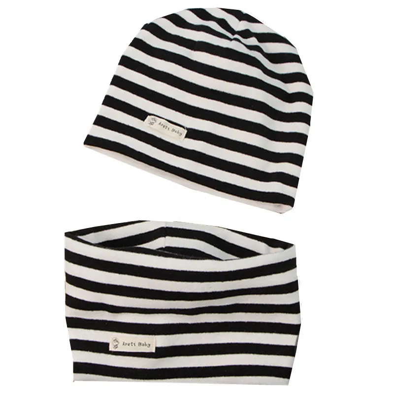 black white stripe Новая Осенняя детская шапка, шарф, комплект однотонных полосатых вязаных шапок для малышей, шапка для мальчиков и девочек, детские шапочки, шапка для малышей, детская шапка, шарф, воротник - Цвет: black white stripe