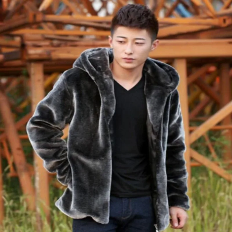 

New Arrival Fashion Mens Smooth faux fur coat Man zipper Jackets Fur Hooded jacket Long Sleeved Fur coats Pluse Size 5XL Male