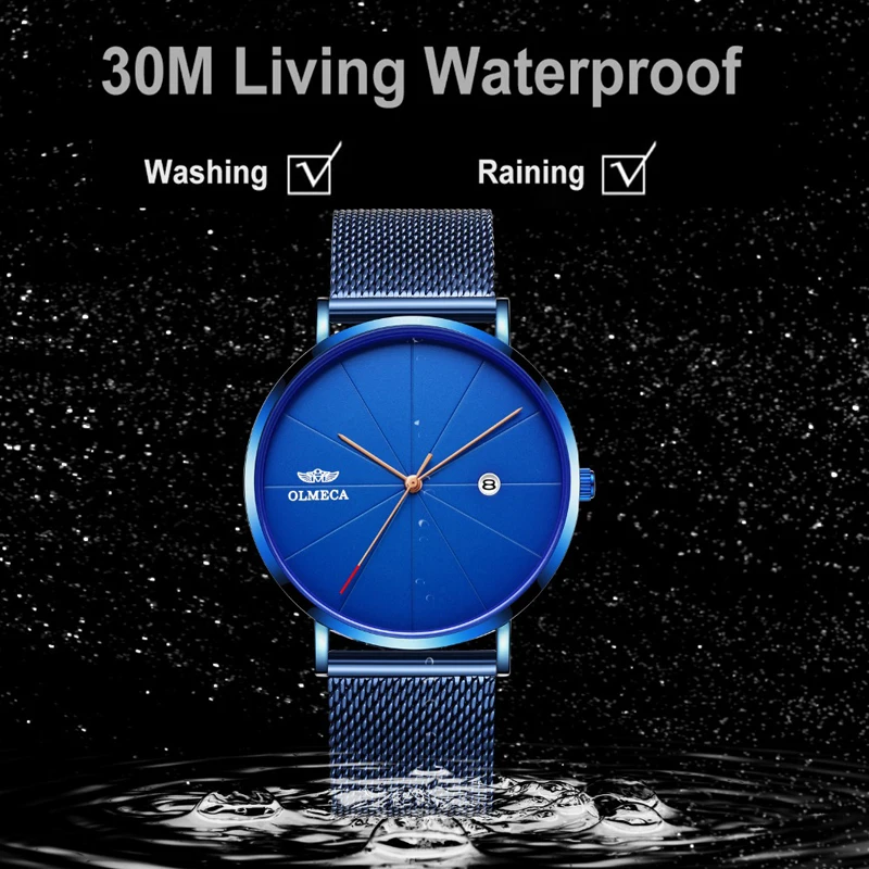 

OLMECA Luxury Watches Men Blue Stainless Steel Ultra Thin Watches Men Classic Quartz Date Men's Wrist Watch Relogio Masculino