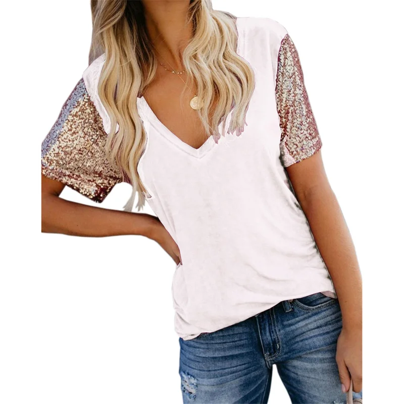 Женская летняя футболка с v-образным вырезом и пайетками шить сверкающие