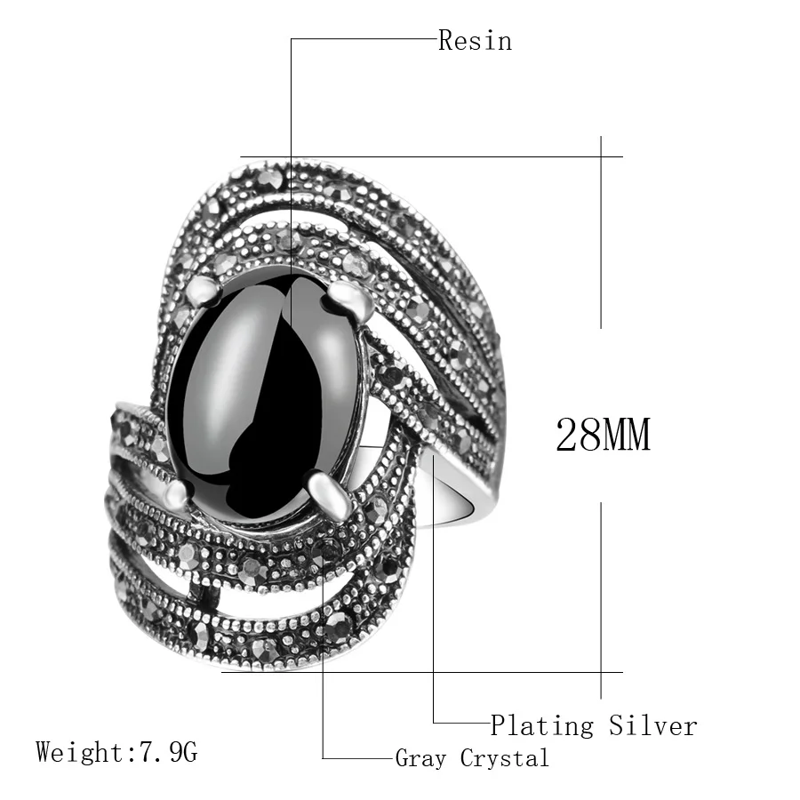 Vintage Black Crystal Opals Rings Women Retro silver color jewelry Ring punk Bijoux anel masculino bague femme Bulgaria rings | Украшения и
