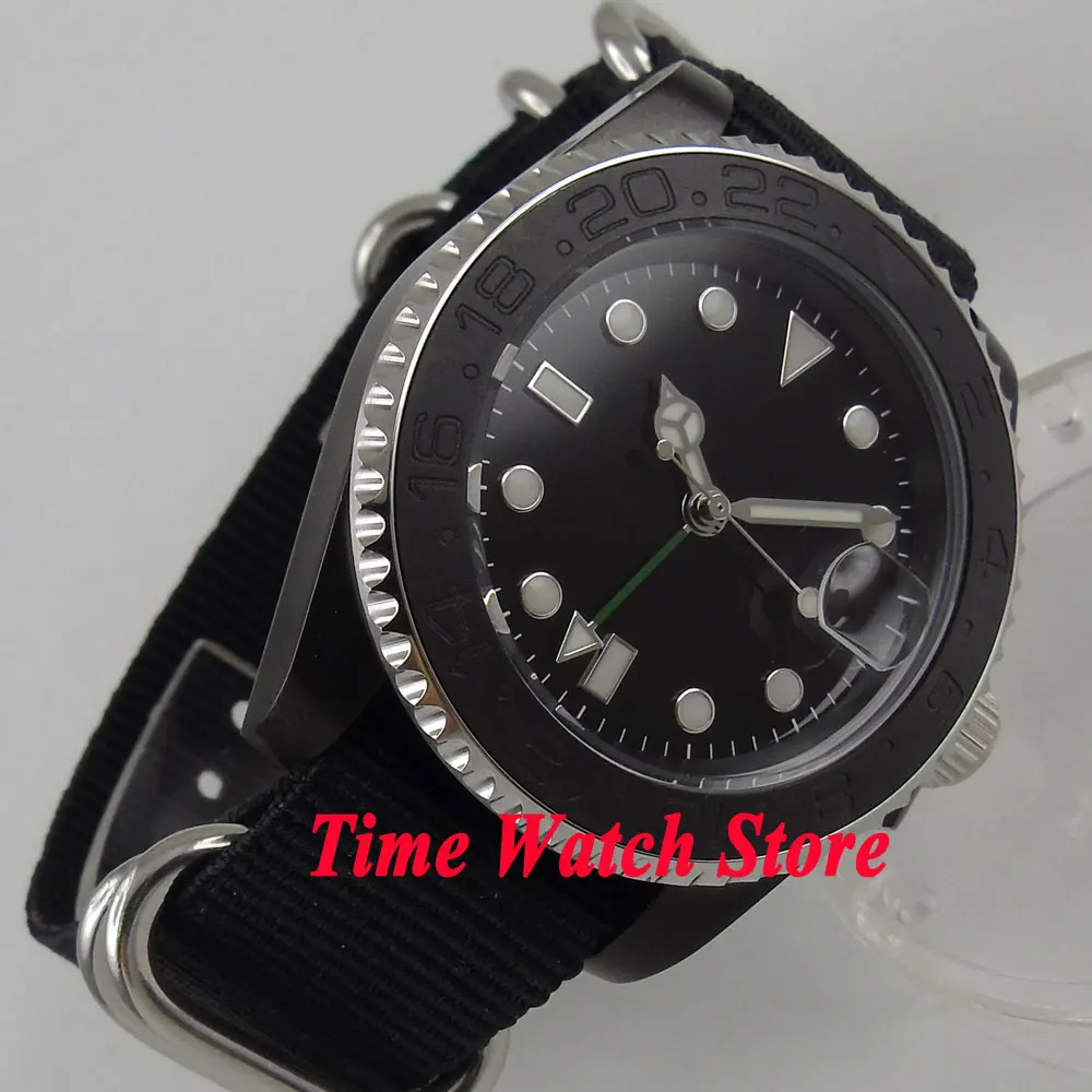 Мужские автоматические часы 40 мм Bliger GMT 3084 черный стерильный циферблат