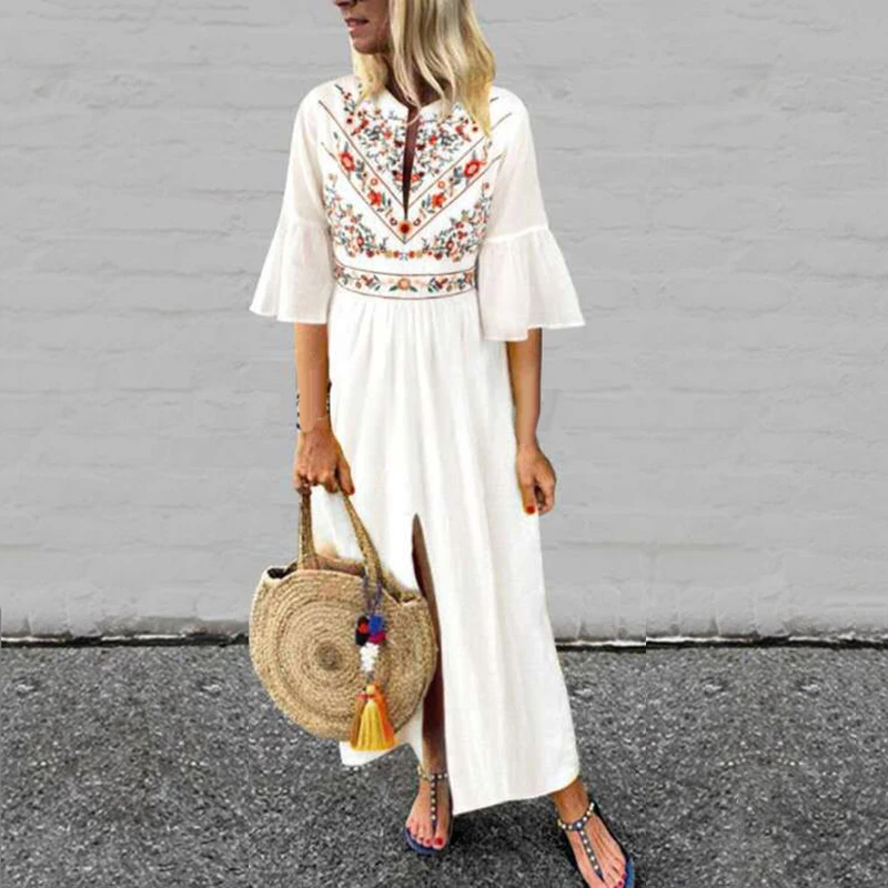 Женское длинное платье с коротким рукавом однотонное разрезом Boho PartyLadies Dresse |