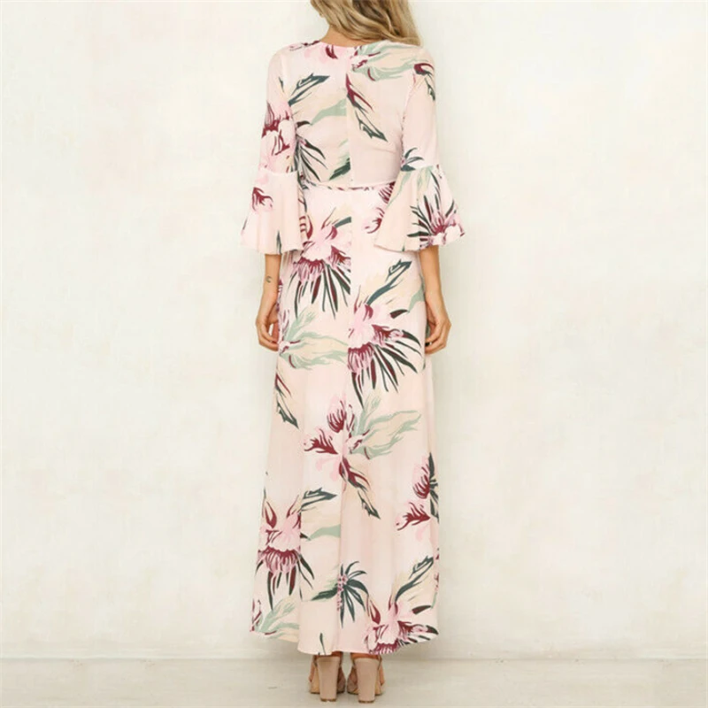 Vestidos, женские платья, весна-лето, платье для женщин, рукав до локтя, раскол, розовый, цветочный принт, вечерние, длинные, Макси платья