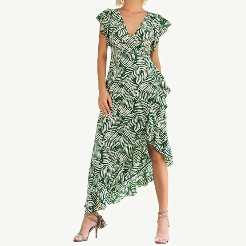 Erregina Ruffles Green Leaf Летнее платье сексуальное асимметричное с коротким рукавом